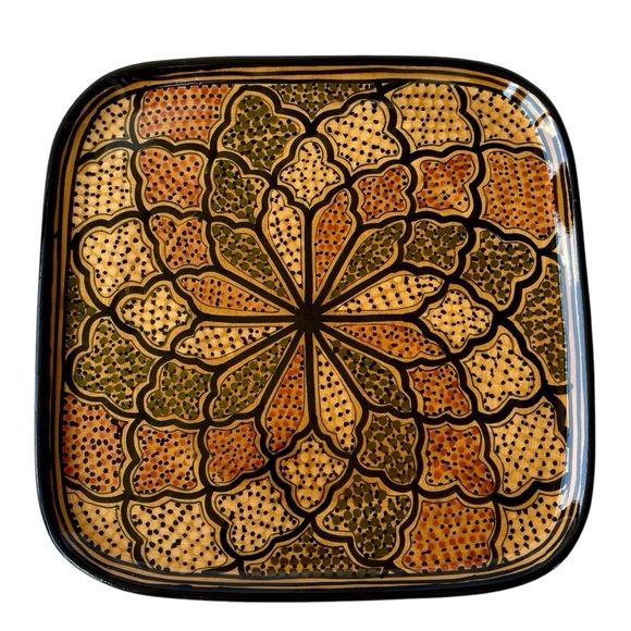 Le Souk Tunisia Handmade Honey Square Ceramic Vintage Platter Pottery Art Plate - Picture 11 of 12